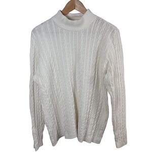Lands End Cable Knit Mock Neck Sweater Women's L Cream Cotton Coastal Grandma